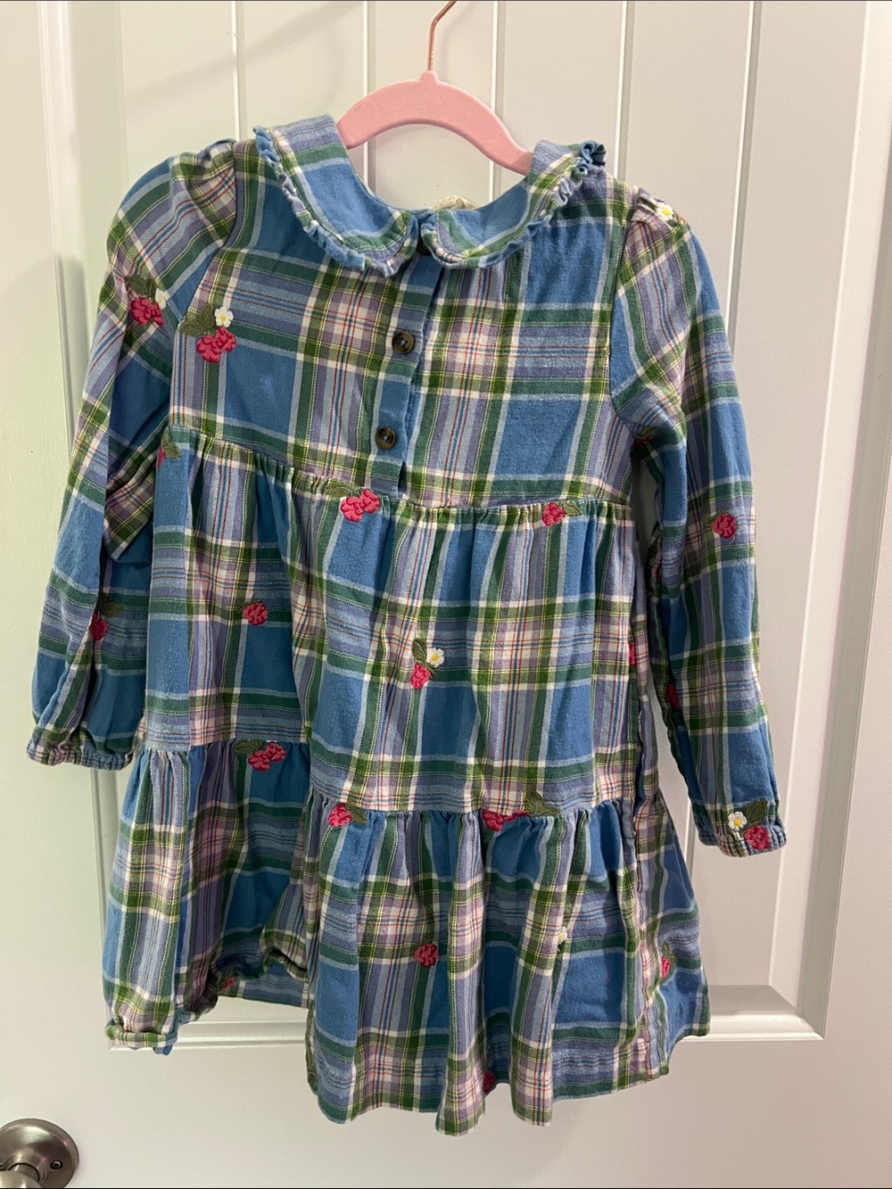 Mini Boden Blue, Green and Lavender Plaid Dress with Pink Trim